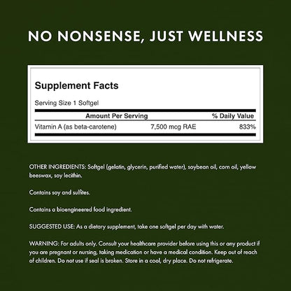 Swanson Beta-Carotene Vitamin A 25000 IU Softgels - Skin, Eye, and Immune System Health - Antioxidant Support - 7500 mcg (300 Softgels)
