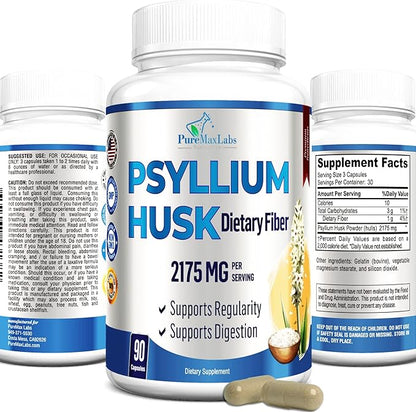 Psyllium Husk Dietary Fiber Supplement 2175mg, Non-GMO, 90 Capsules