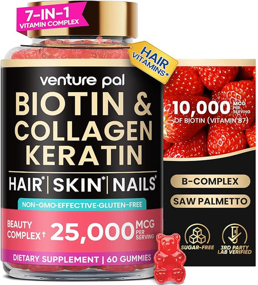 Venture Pal Biotin Gummies with Collagen & Keratin - Hair Growth Support Skin and Nail Strength Vitamins for Women & Men - Biotin 10000mcg | B-Complex | Saw Palmetto - Sugar Free, Non-GMO, 60ct
