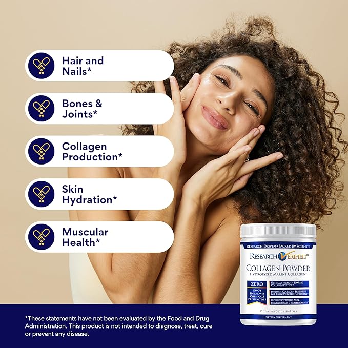 Research Verified® Collagen Powder - Hydrolyzed Marine Collagen - Unflavored - Skin Hydration and Elasticity, Muscle Recovery, Non GMO - 30 Scoops Per Container - 1 Month Supply