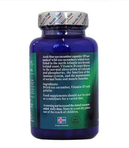 Arctic Star - Sea Cucumber with Vitamin D3 Capsules, Pure Icelandic Wild Caught Sea Cucumber Extract & D3 Supplement Pills - Cucumaria Frondosa 北极星海参+D3胶囊 (90 Capsules, 400mg) 1Bottle