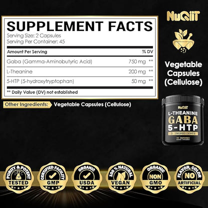 3in1 GABA Supplements 750mg L-Theanine 200mg & 5-HTP (5-hydroxytryptophan) - Equivalent to 1000mg - Support Brain Health, Concentration, Comfortable Mood - 90 Capsules