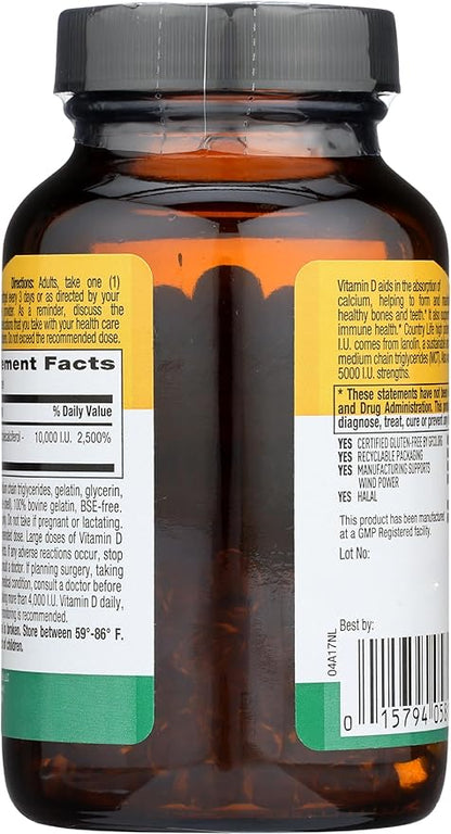 Country Life Vitamin D3, High Potency, Non-Fish, 10,000 IU, 200 Softgels, Certified Gluten Free