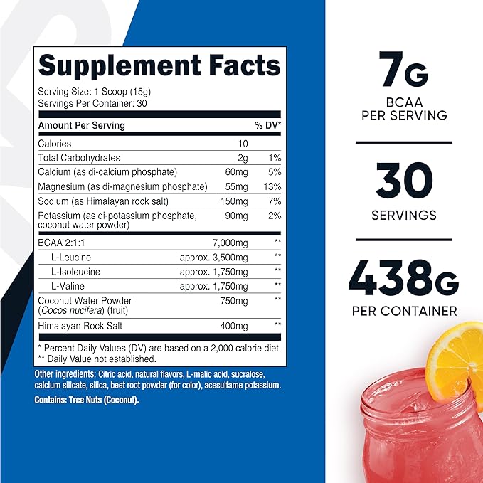 Nutricost BCAA + Hydration Powder (Raspberry Lemonade) 30 Servings - Branched Chain Amino Acids with Hydration Complex - Gluten-Free, Non-GMO
