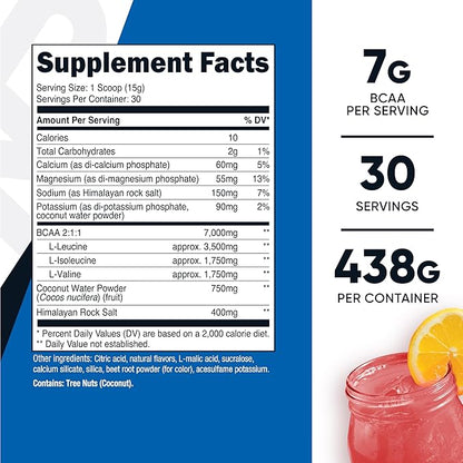 Nutricost BCAA + Hydration Powder (Raspberry Lemonade) 30 Servings - Branched Chain Amino Acids with Hydration Complex - Gluten-Free, Non-GMO