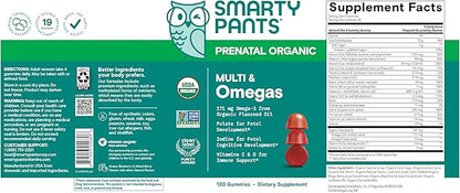 SmartyPants Organic Prenatal Vitamins for Women, Multivitamin Gummies: Biotin, Methylfolate, Omega 3 (ALA), Vitamin D3, C, Vitamin B12, B6, A, K2 & Zinc, Choline, Vegetarian, 120 Count (30 Day Supply)