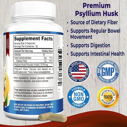 Psyllium Husk Dietary Fiber Supplement 2175mg, Non-GMO, 90 Capsules