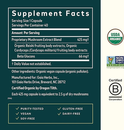 Gaia Herbs Respiratory Mushroom Blend - Immune Support Herbal Supplement to Help Maintain Overall Lung and Respiratory Health - WIth Reishi and Cordyceps* Mushrooms - 40 Vegan Capsules (40-Day Supply)