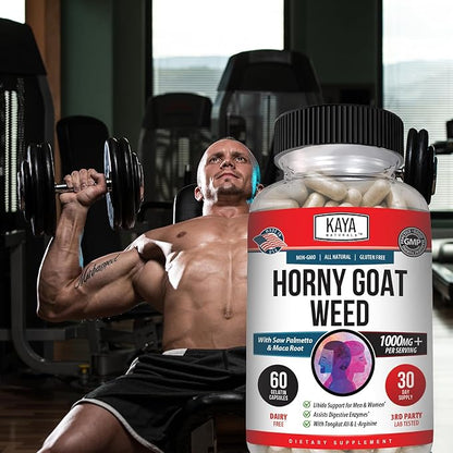 Kaya Naturals Horny Goat Weed Extract with Maca - Complex with Saw Palmetto Ginseng, Arginine Vitamin Supplement - Horny Goat Weed - 60 Count