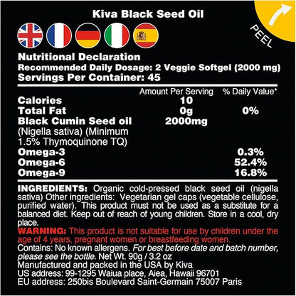 Kiva Black Seed Oil Softgel Capsules - Cold-Pressed (2000mg), 1.5%+ High Thymoquinone (TQ), 100% Turkish Nigella Sativa Seed Oil, 90 Vegan Softgels