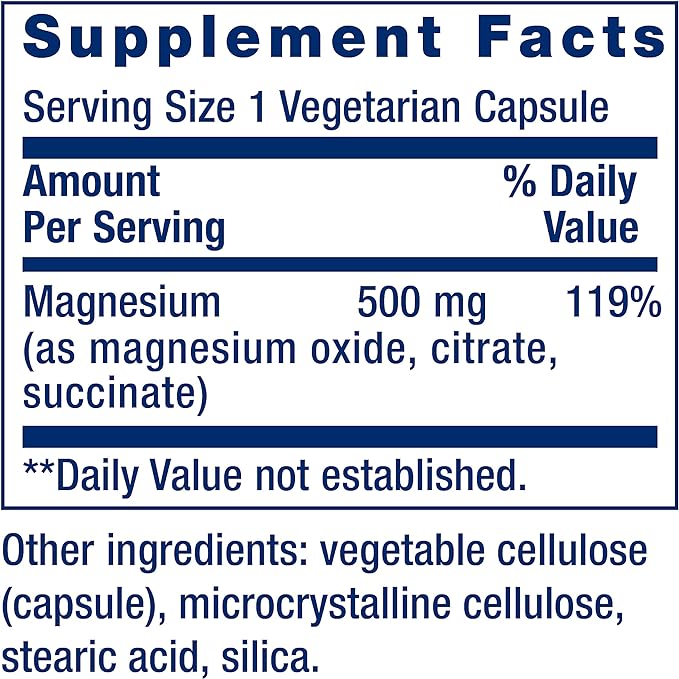 Life Extension Magnesium Caps, 500 mg, Magnesium Oxide, Citrate, Succinate, Heart Health, Healthy Bones, Metabolism Support, 100 Vegetarian Capsules (Pack of 2)