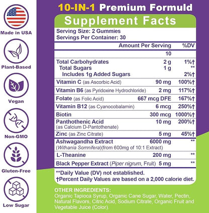 Ashwagandha Gummies - 10 in 1 Organic Ashwaganda Gummies for Women & Men, with L Theanine, Vitamin B6, Black Pepper for Relaxation*, Cognitive, Immune, Zzz, Cortisol, Vegan, Berry Flavor - 60 Count