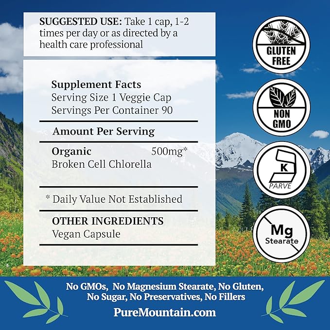 Pure Mountain Botanicals Broken Cell Wall Chlorella Capsules - 90 Kosher Vegan Caps Now with 500mg Organic Chlorella Powder