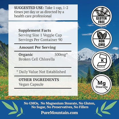Pure Mountain Botanicals Broken Cell Wall Chlorella Capsules - 90 Kosher Vegan Caps Now with 500mg Organic Chlorella Powder