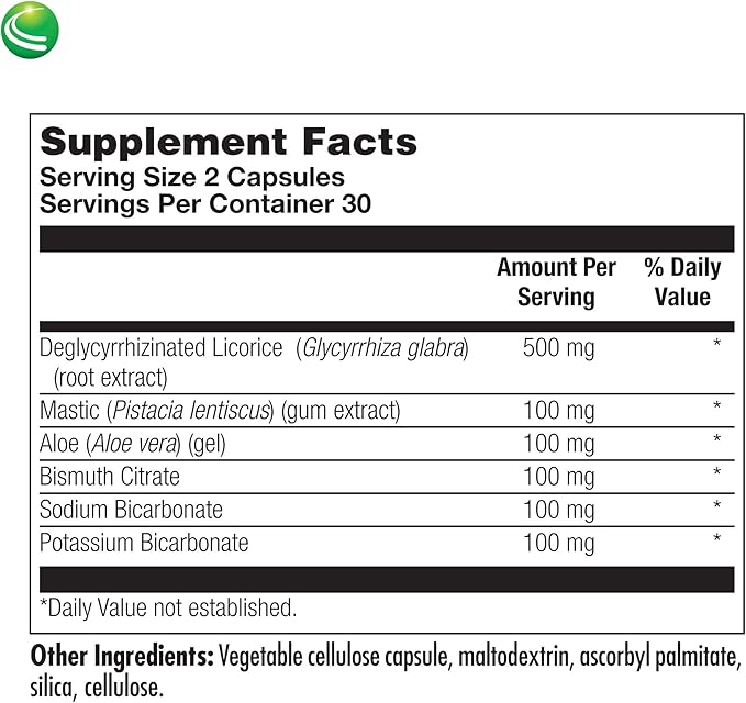 Nutra Biogenesis Gastric Support Complex - DGL Licorice Supplement, Deglycyrrhizinated Licorice Root Extract for Maximum Absorption, Digestion Support with Mastic Gum, Aloe & Bismuth - 60 Capsules
