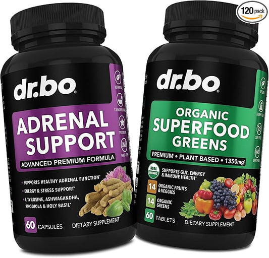 Adrenal Support & Organic Superfood Greens & Fruit Supplements - Daily Energy Super Food Fruits and Veggies Supplement Tablets Plus Vegetable Foods