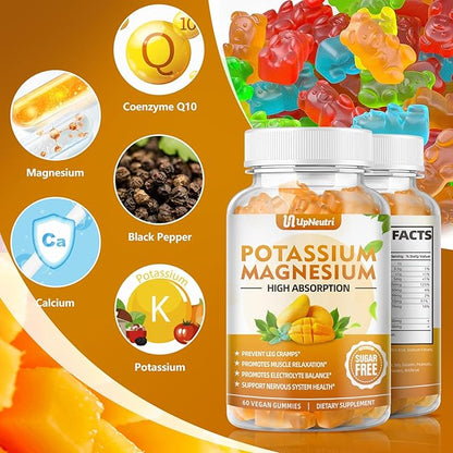 Potassium Magnesium Supplement for Adults Kids, Sugar-Free Potassium Gummies Supports Leg Cramps & Muscle & Immune Health, Non-GMO Vegan Magnesium Glycinate Gummies Mango Flavor 120 Count