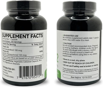Vitamin D3 K2 Capsules - Dietary Supplement to Support Immune Function, Daily Nutritional Support Formula - GMO, Soy and Gluten Free- 100 Count