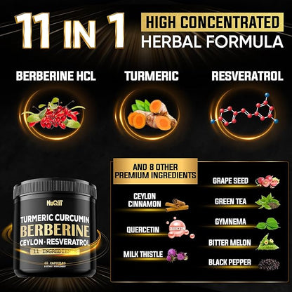 Berberine Supplement. Added Turmeric Curcumin, Trans-Resveratrol & More - Support Gastrointestinal, Body Management & Immune System - 60 Capsules