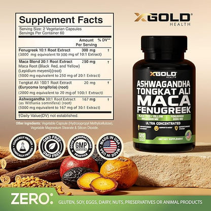 Ashwagandha 5000mg + Tongkat Ali 1000mg + Maca Root 5000mg + Fenugreek 3000mg Supplement | Black + Red + Yellow Maca Root Extract & Fenugreek Herbal Supplements for Men & Women - Made in USA