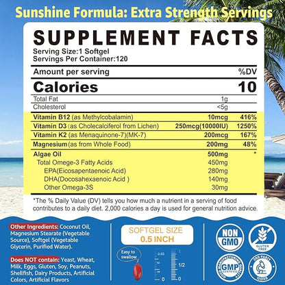 Vitamin D3 K2 -Vitamin D3 10000iu & K2 (Mk-7) 200mcg, Magnesium, Omega 3, Methyl B12, MCT Oil for Optimal Absorption, D3K2 Vitamin & Magnesium Supplement for Bone, Muscle, Immune Health, 240 Softgels