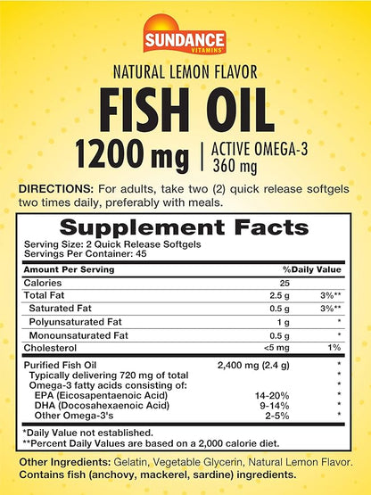 Sundance Fish Oil Softgels 1200mg | 90 Count | with Active Omega-3 | Natural Lemon Flavor | Purified to Eliminate Mercury | Non-GMO and Gluten Free Supplement