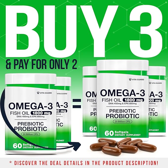 Omega-3 Fish Oil with Prebiotics & Probiotics – 1800mg EPA & DHA Supplement for Heart, Brain, and Gut Health – 20 Billion CFU, Inulin Fiber, Burpless Lemon-Flavored Softgels