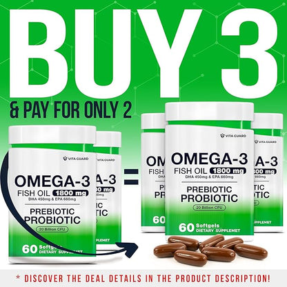 Omega-3 Fish Oil with Prebiotics & Probiotics – 1800mg EPA & DHA Supplement for Heart, Brain, and Gut Health – 20 Billion CFU, Inulin Fiber, Burpless Lemon-Flavored Softgels