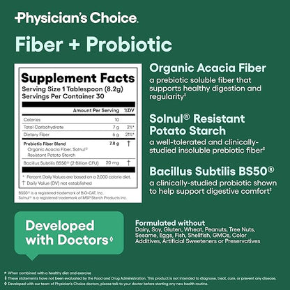 Physician's CHOICE Fiber & Probiotic Powder - Supports Regularity, Bloating, Gas, & Digestive Health - Organic Prebiotic - Sugar Free Fiber Supplement for Women & Men - Unflavored - 8.7oz