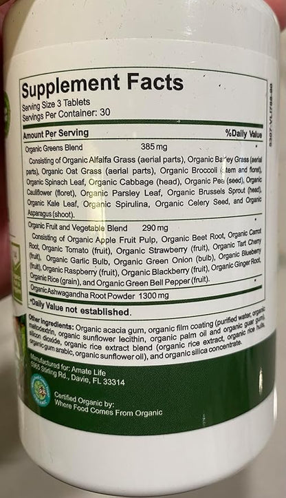 Organic Superfood Greens Fruits and Veggies Complex with Ashwagandha