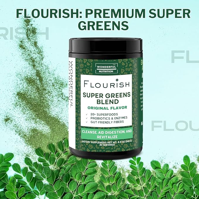 Flourish Super Greens. Greens Powder Mix for Energy,with Chlorella Organic Spirulina, Beet Root Powder, Enzymes & Probiotics, Original, 30 Servings