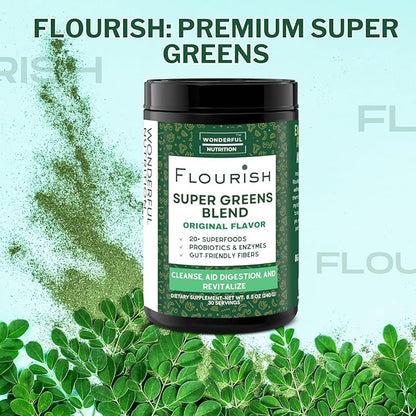 Flourish Super Greens. Greens Powder Mix for Energy,with Chlorella Organic Spirulina, Beet Root Powder, Enzymes & Probiotics, Original, 30 Servings