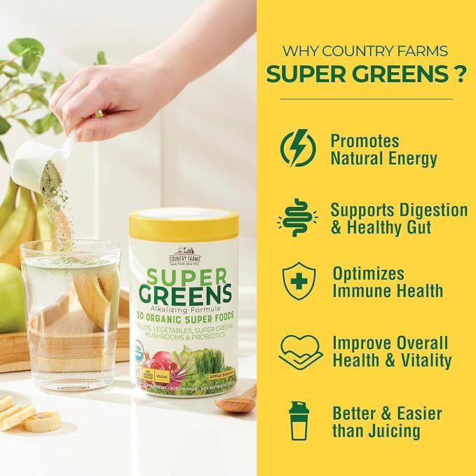 COUNTRY FARMS Organic Super Greens Apple Banana Flavor, 50 Organic Super Foods, Packed with Fiber, USDA Organic Drink Mix, Fruits, Vegetables, Mushrooms & Probiotics, Supports Energy, 5g Fiber