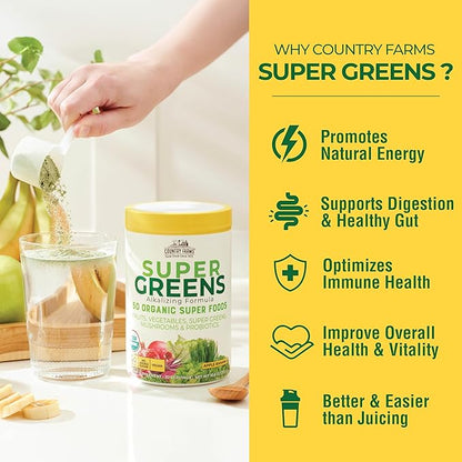 COUNTRY FARMS Organic Super Greens Apple Banana Flavor, 50 Organic Super Foods, Packed with Fiber, USDA Organic Drink Mix, Fruits, Vegetables, Mushrooms & Probiotics, Supports Energy, 5g Fiber