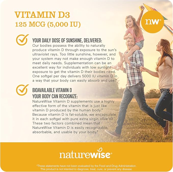 NatureWise Vitamin D3 5000iu (125 mcg) 30-Day Supply for Immune Support, Healthy Muscle Function, and Bone Health - Non-GMO, Gluten Free in Organic Extra Virgin Olive Oil, (Mini Softgel), 30 Count