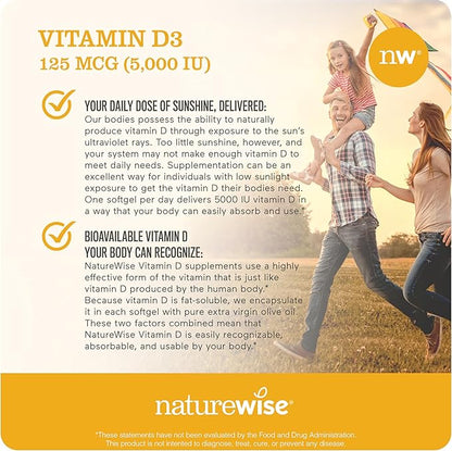 NatureWise Vitamin D3 5000iu (125 mcg) 30-Day Supply for Immune Support, Healthy Muscle Function, and Bone Health - Non-GMO, Gluten Free in Organic Extra Virgin Olive Oil, (Mini Softgel), 30 Count