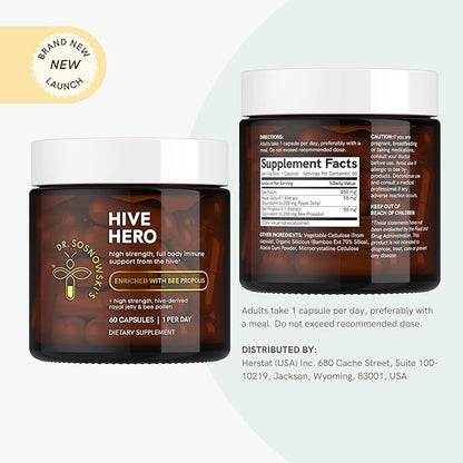Dr Sosnowski's Hive Hero | Bee Propolis, Royal Jelly, Bee Pollen | Triple Action, Maximum Potency Hive Formula | Vegetable Capsules, 60ct