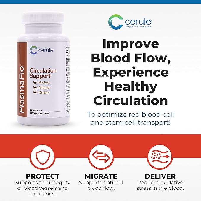 Cerule Plasmaflo Blood Flow Supplement to Support Bloods Circulation in Veins, Capillaries, Vessels and Heart for Vascular Health with a Proprietary Enzyme Blend, Gotu Kola and Ginkgo Biloba