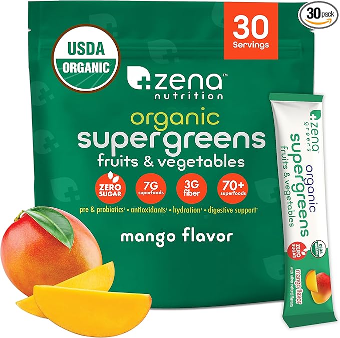 Organic Super Greens Powder, 70+ Superfoods, 0 Sugar, 3G Fiber, Spirulina, Chlorella, Antioxidants, Prebiotics/Probiotics, Digestive Enzymes, Mango, 30 Drink Mix Packets
