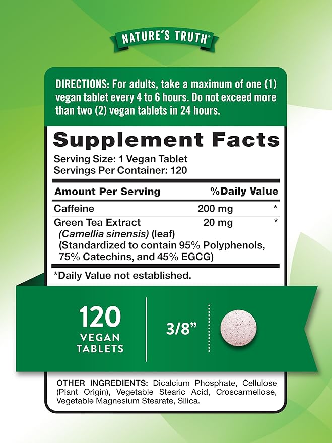 Nature's Truth Caffeine Pills | 220mg | 120 Count | With Green Tea Extract | Vegan, Non-GMO & Gluten Free Supplement
