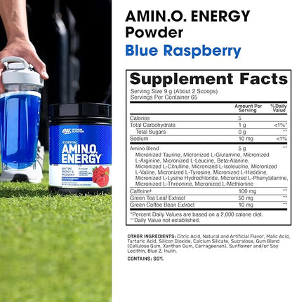 Optimum Nutrition Amino Energy - Pre Workout with Green Tea, BCAA, Amino Acids, Keto Friendly, Green Coffee Extract, Energy Powder - Blue Raspberry, 65 Servings (Packaging May Vary)