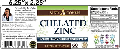 Suzy Cohen Chelated Zinc Supplements - 60 Capsules Gentle on The Stomach - Zinc is for Healthy Cell Growth and DNA Formation - Supports Healthy Immune Function and Skin Health