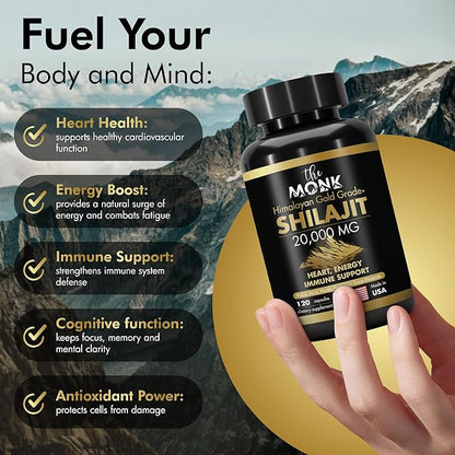 Organic Shilajit with Fulvic Acid, Humic Acid, 85+ Minerals- Gold Grade Plus - Same as Resin - Energy, Stamina, Brain Support - 120 Capsules - Made in The USA
