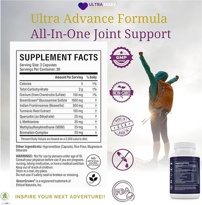 UltraMary+ Joint Support w/Glucosamine, Chondroitin, MSM, Turmeric & Boswellia – Mobility & Flexibility – 90 Capsules – Suplemento Articulaciones – Made in USA – Advanced Formula
