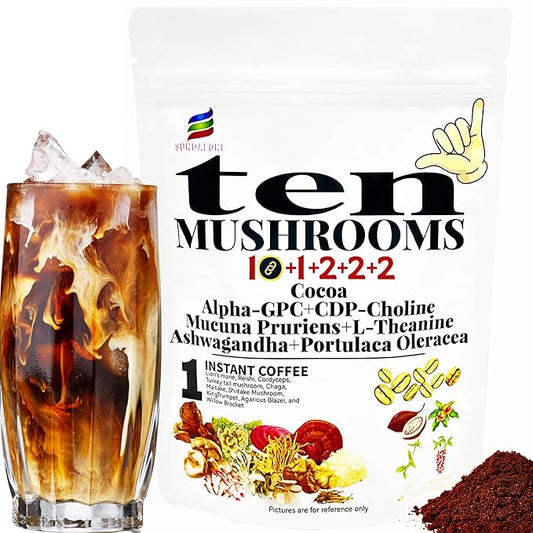 SUNDAFONE 17-in-1 Mushroom Coffee Powder with L-Theanine，Alpha-GPC，Ashwagandha for Boost Brainpower,Sharpen Focus,Lift Mood,Ease Stress,Support Heart & Immunity, 60 Servings Instant 10 Mushroom Coffee