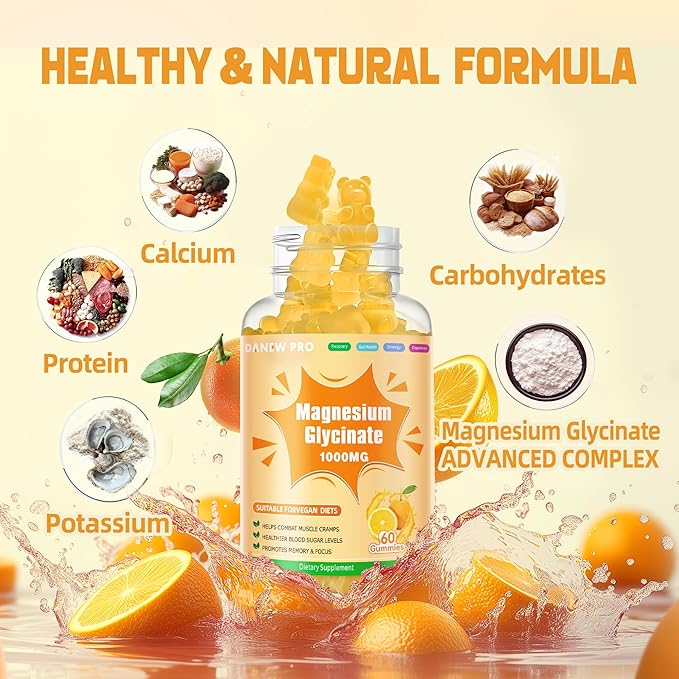 Magnesium Glycinate Gummies 1000mg - Sugar Free Magnesium Potassium Supplement with Vitamin D, B6, CoQ10 for Calm Mood & Sleep Support - 120 Orange Gummies