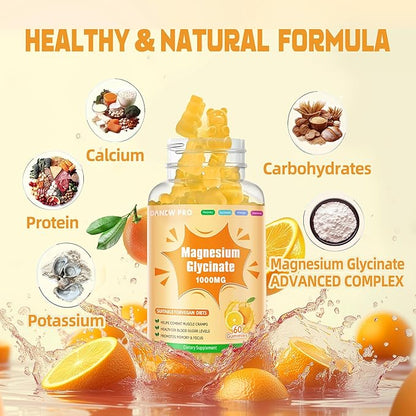 Magnesium Glycinate Gummies 1000mg - Sugar Free Magnesium Potassium Supplement with Vitamin D, B6, CoQ10 for Calm Mood & Sleep Support - 120 Orange Gummies
