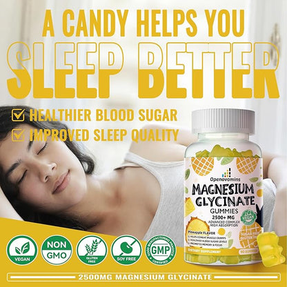 Magnesium Glycinate Gummies 2500mg - Sugar Free Magnesium Potassium Supplement with Vitamin D, B6, CoQ10 for Calm Mood & Sleep Support - 90 Pineapple Gummies