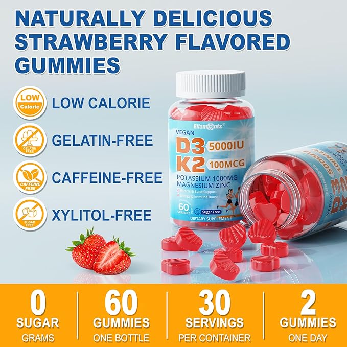 Sugar Free Vitamin D3 5,000IU K2 (MK7) Magnesium Glycinate Potassium Gummies | Vegan Organic D3 K2 Vitamin | Potassium 1000mg | Vitamin K2 D3 Supplement for Women Men | Mood & Immune Support, 120Cts