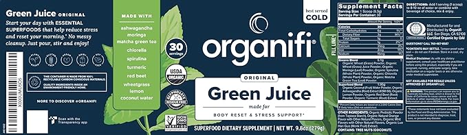Organifi Green Juice - Organic Superfood Powder - 90-Day Supply - Organic Vegan Greens - Helps Decrease Cortisol - Provides Better Response to Stress - Supports Weight Control - Total Body Wellness